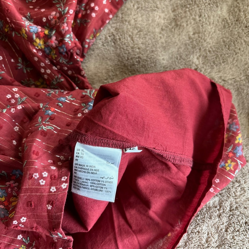 Style & Co Merlot Red Floral Metallic Stripe Tassel Peasant Blouse XL - Picture 6 of 7